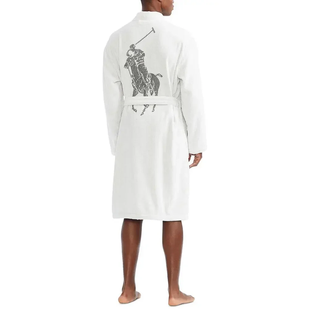 NWT RALPH LAUREN Large Polo Pony Plush Velour Bath Robe White‎ Gray $150